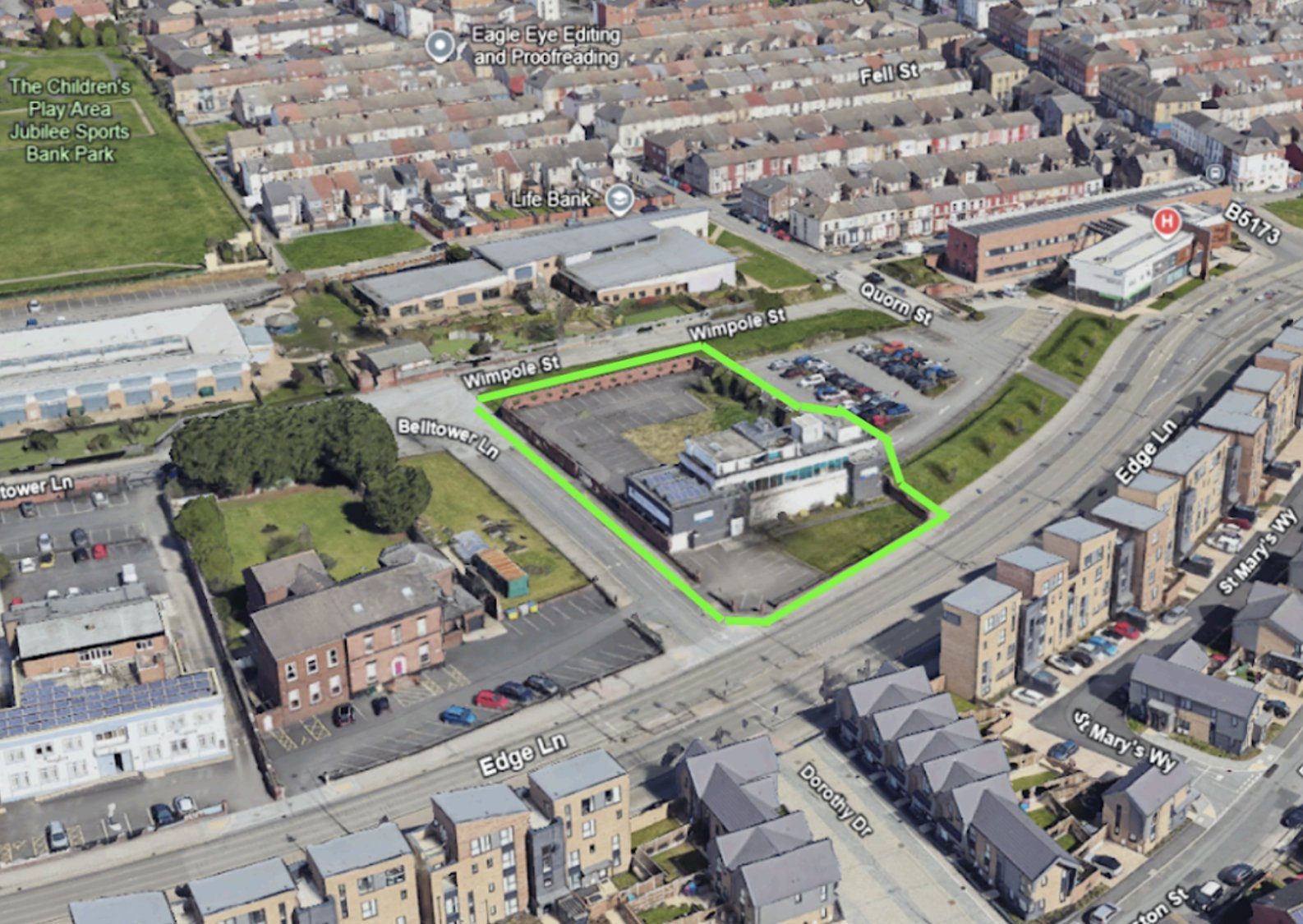 Aerial view of 145 Edge Lane site with boundary marked