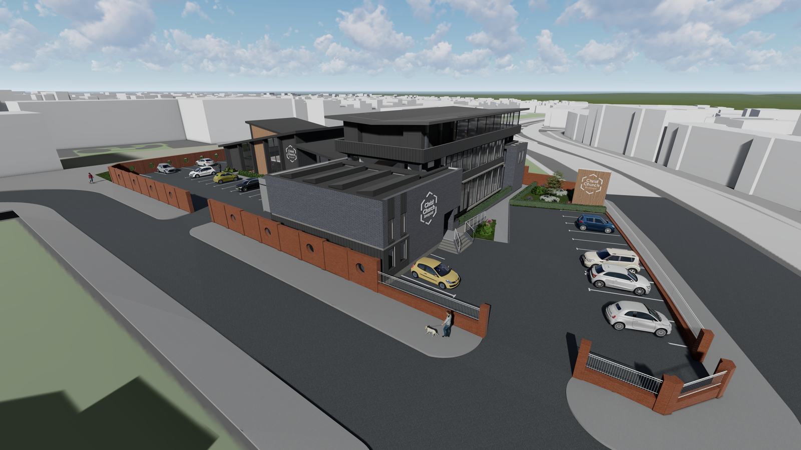Aerial view of the proposed building and site